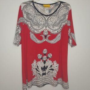 Ella Salami Red Short Sleeve Tunic Black White Design Embellished w Sparkles 2XL